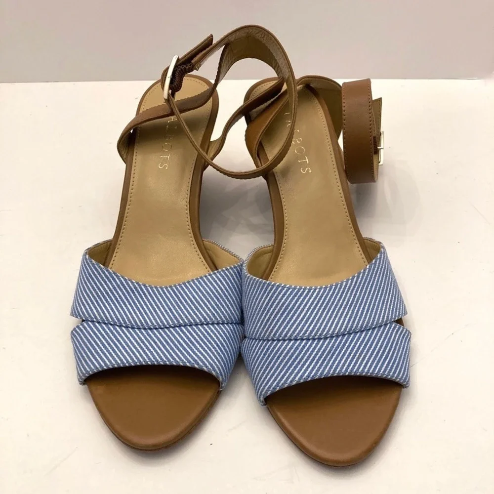 Talbots Vivian Blue Striped Sandal Tan Leather Ankle Strap Womens 8.5 Wedge Heel